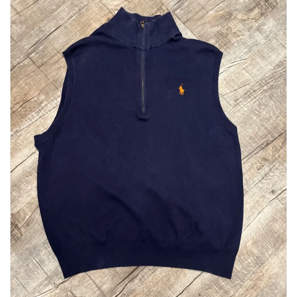 Polo Ralph‎ Lauren Mens XL Navy Blue Pima Cotton Quarter Zip Sweater Vest Orange